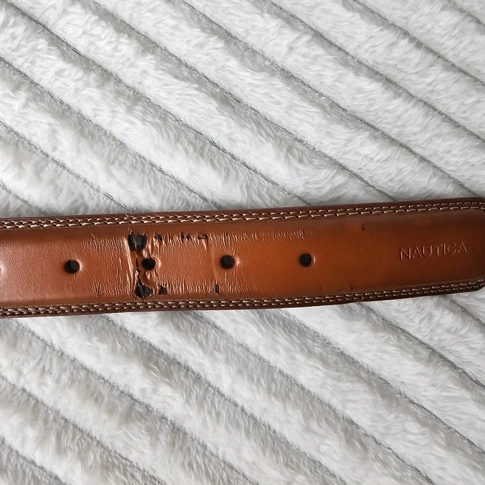 Nautica Mens Coated Leather Stitch Detail Belt 34 Brown Classic Preppy
